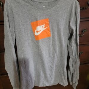 Nike Mens Gray Long Sleeve Tee with Orange Logo